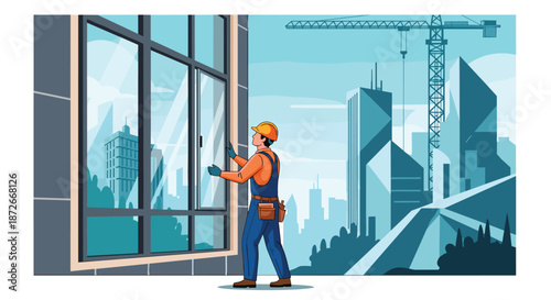 Construction worker wearing a helmet and overalls installing a large glass window on a modern building at a city site.