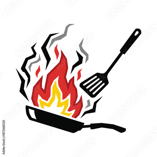 A burning frying pan with a spatula nearby suggests a kitchen mishap or cooking gone wrong