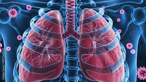 Medical illustration of human lungs and viruses for health awareness