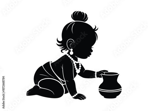 Baby Girl Silhouette Playing with Pot Traditional Indian Vector Illustration