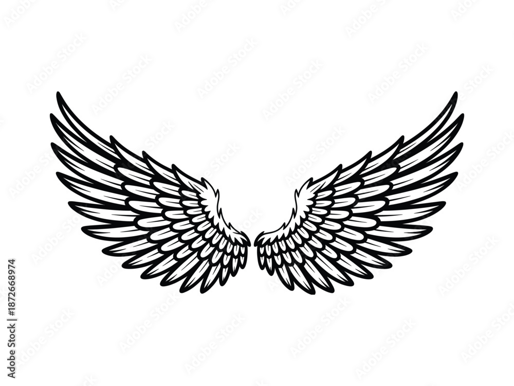 Obraz premium Angel Wings Illustration – Black and White Feathered Wings Symmetrical Vector Design
