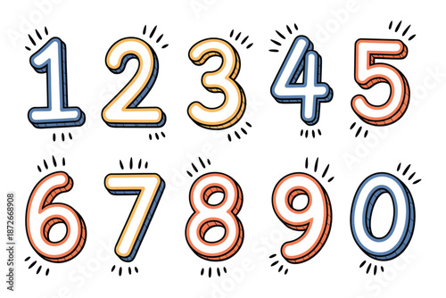 Numbers 0 to 9 Doodle Vector Illustration, hand-drawn sketch style numeric digits for educational materials, kids art, graphic design