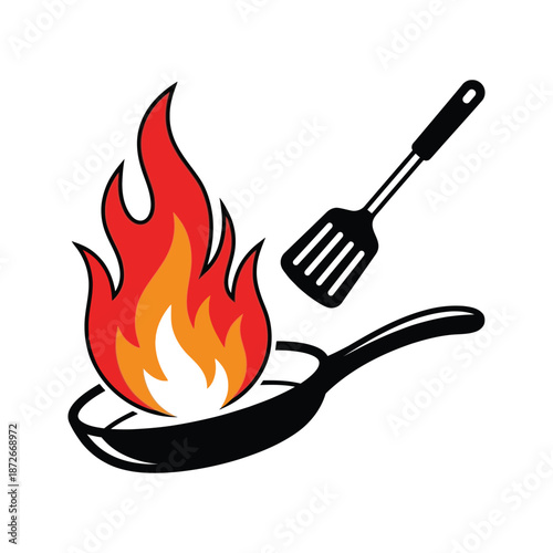 A sizzling hot frying pan with vibrant flames and a black spatula showcasing cooking energy