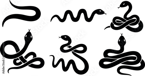Snake silhouettes vector set with various coiled and slithering poses in black and white style for design and decoration