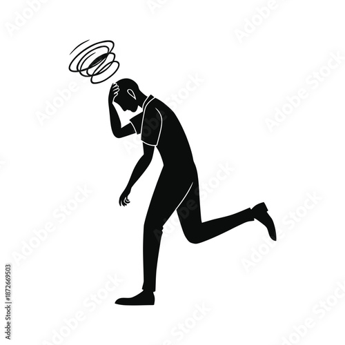 A silhouette of a distressed man with swirling lines above his head representing mental anguish