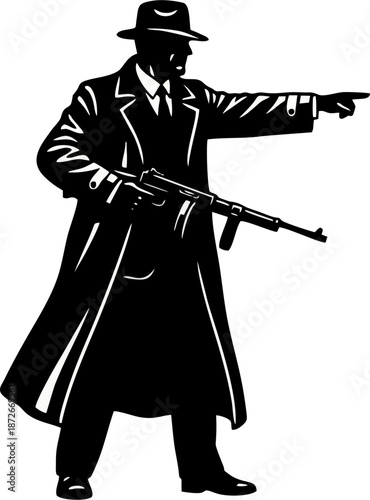 Gangster Silhouette Pointing with Gun – Noir Crime Vector Illustration