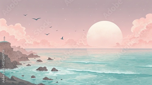 Serene coastal landscape with lighthouse, birds flying over turquoise waves at sunset