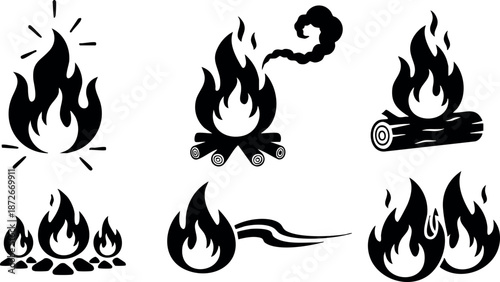 Fire flame icons set with campfire bonfire and burning log vector collection for design projects