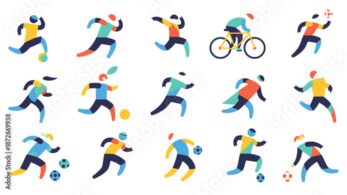 A set of colorful illustrations showcasing dynamic athletes engaging in various sports with energetic movements, conveying a sense of excitement and joy in physical activity.