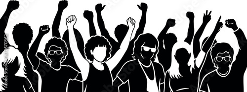 Crowd of People Raising Hands Silhouettes in Celebration and Protest Vector Illustration
