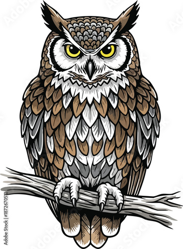 Detailed Owl Illustration on Branch Captivating Wildlife Art