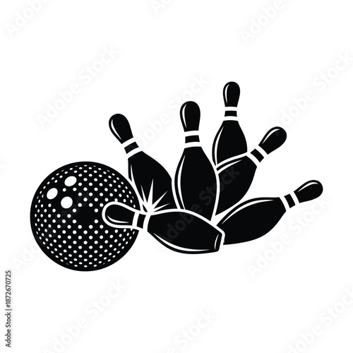 A striking black and white illustration depicts a bowling ball impacting bowling pins showing a dynamic sport
