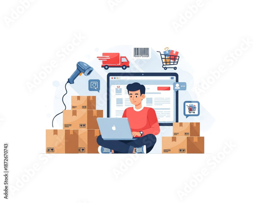 E-commerce business man working on laptop with boxes and scanner. Vector illustration of online shopping, dropshipping, logistics delivery, warehouse inventory, and order fulfillment concept.