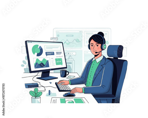 Customer support woman with headset analyzing data on computer. Vector illustration of call center agent, technical help, office administration, business statistics, and remote work.