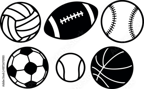 Various sports balls including volleyball football baseball soccer tennis and basketball simple black and white vector illustration