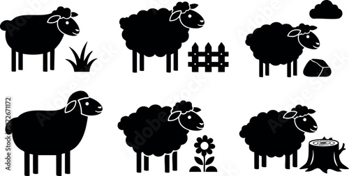 Sheep silhouettes with nature elements including grass fence flowers and rock vector icons for farm animals and countryside scenes