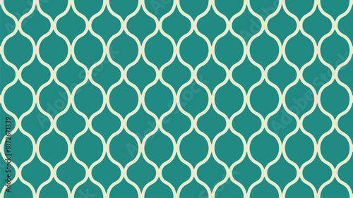 A continuous off white ogee pattern repeats on a teal background creating an elegant geometric design