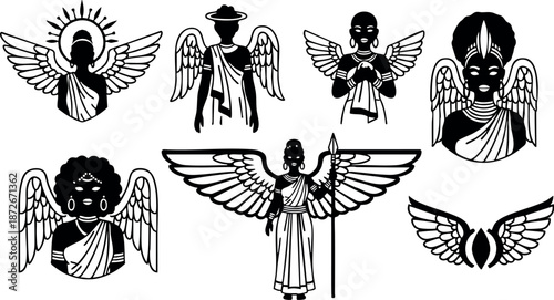 Black angel icons with wings and halos vector set for spiritual and religious design elements