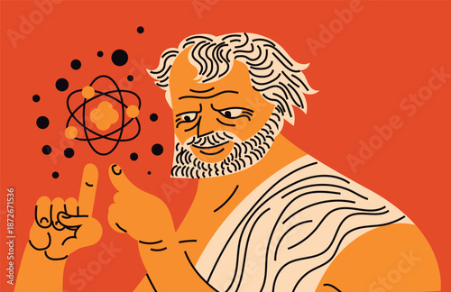 greek philosopher democritus holding an atom