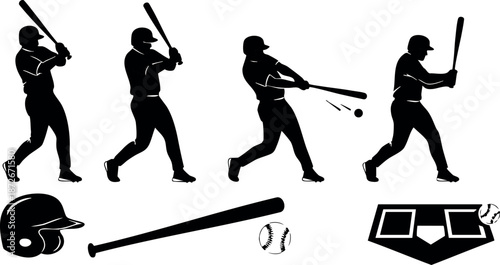 Baseball player silhouette hitting ball with bat and equipment icons vector illustration in black and white