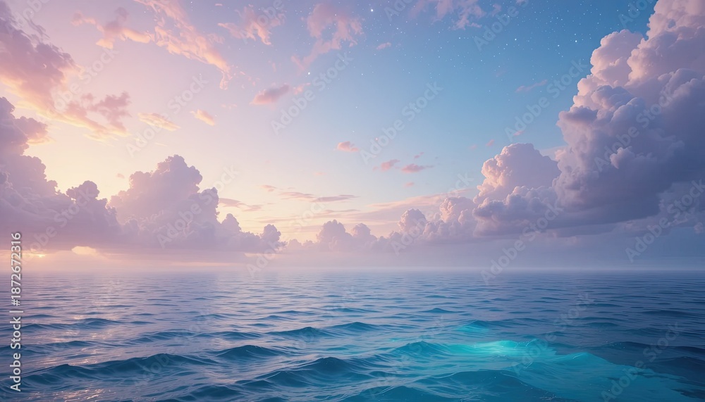 Naklejka premium Serene ocean landscape at sunset with fluffy clouds and calm waves