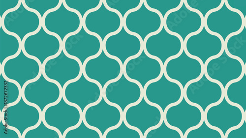 A repeating geometric ogee pattern features cream shapes on a vibrant teal colored surface