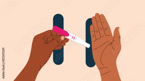 Dark skin hands display a positive pregnancy test with two lines against a light background and vertical blue forms