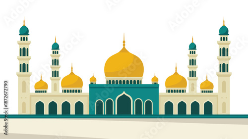 Elegant Islamic mosque illustration featuring golden domes and tall minarets against a clean white background