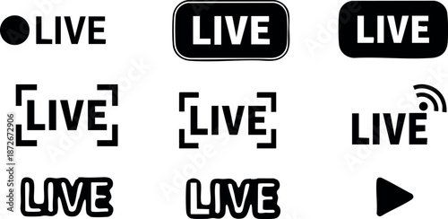 Live streaming icons set with play button and broadcast symbols for digital media and video content creation