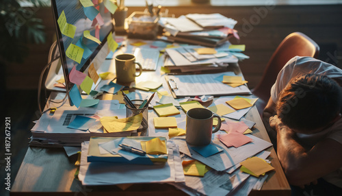Exhausted person sleeping on a messy office desk filled with documents, computer, and sticky notes, representing burnout and stress from overwork.
