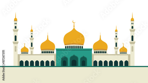 Grand mosque illustration showcasing multiple golden domes and slender minarets against a pure white background