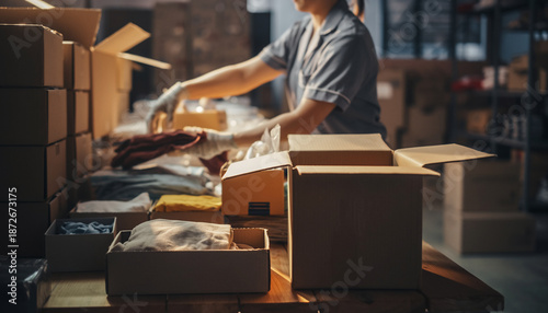 Unrecognizable person sorting and packing clothes into cardboard boxes for shipping or donation