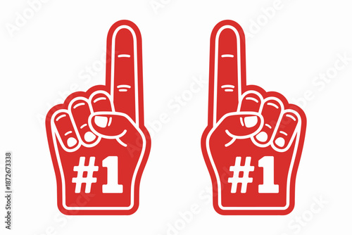 Red Foam Fingers Number One Vector Illustration, pair of fan hands showing number one, sports team support, winner, champion, vector design.