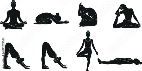 Collection of eight diverse black silhouette icons depicting various female yoga poses and asanas demonstrating physical balance flexibility and mindful stretching exercises
