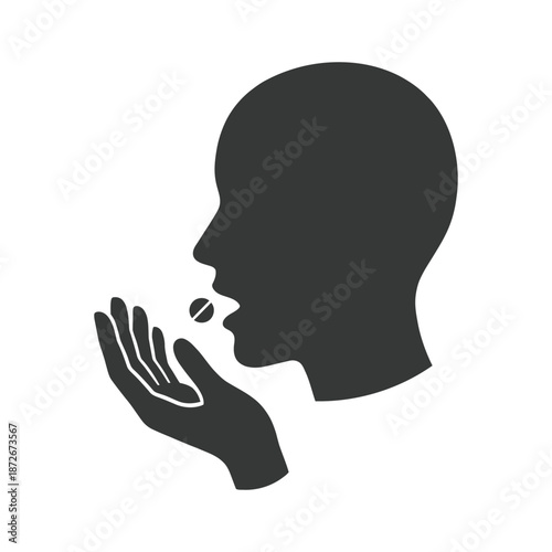 A silhouette of a person s head and hand depicting the act of taking medication
