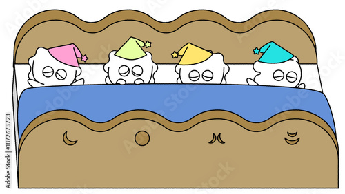 布団に並んで眠るかわいいオバケたちのイラスト