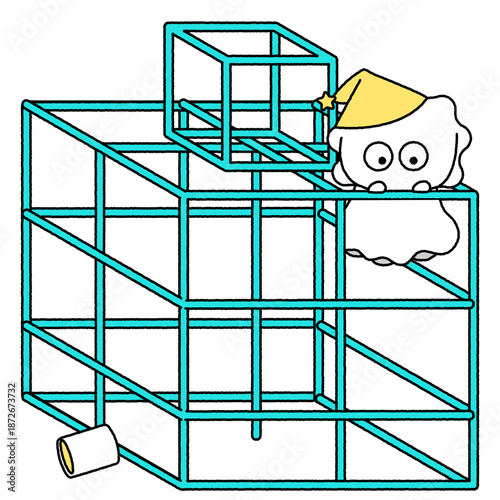 ジャングルジムの上で困っているかわいい動物のイラスト