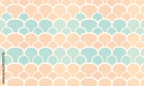 Seamless pastel scallop pattern, Cute mint green and peach fish scale background, Abstract geometric mermaid tail texture