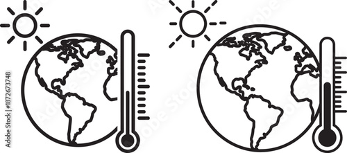 Global warming and high temperature concept, Earth with sun and rising thermometer line art illustration.