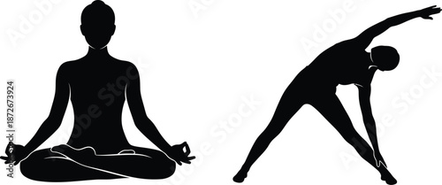 Silhouette vector compilation showcasing two distinct female figures engaged in popular yoga practices including meditation and a standing side stretch pose