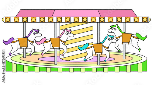 メリーゴーランドで回るかわいい馬たちのイラスト