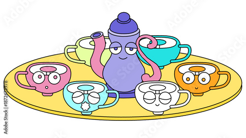 ティーポットとカップが並んだかわいいティーセットのイラスト