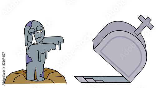 墓石の前に立つゾンビのイラスト