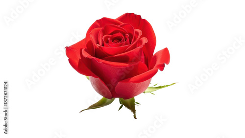 Single Red Rose Bud with Green Leaves isolated PNG with Transparent Background