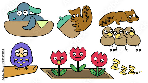 眠ったり成長したりするかわいい動物と植物のイラスト素材