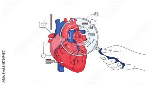Close up medical examination of a human heart using a magnifying glass to study its anatomy and identify potential health issues.