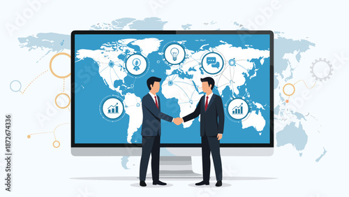Successful business partnership is celebrated as two professionals shake hands in front of a global map showing international network connections.