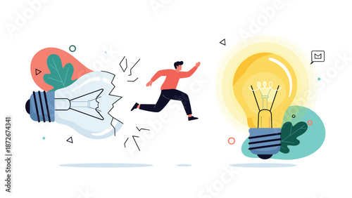 Creative individual leaps from a shattered lightbulb toward a bright glowing one representing the transition to a better innovation.