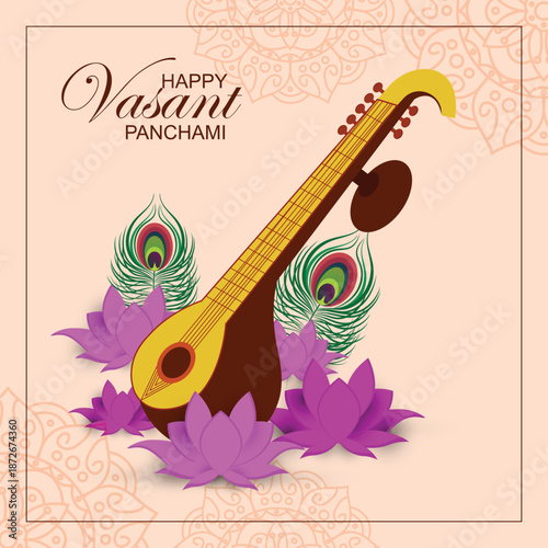 Vasant Panchami background with traditional veena and lotus flowers