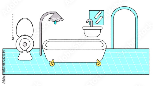 シンプルで清潔感のあるバスルームと浴室のイラスト